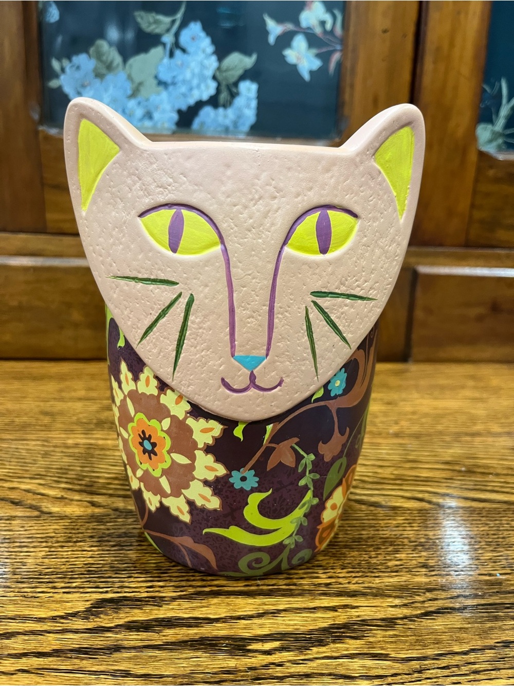 Lori Siebert Cat Planter – Colorful Floral Folk Art Whimsical Kitschy Approx 7”